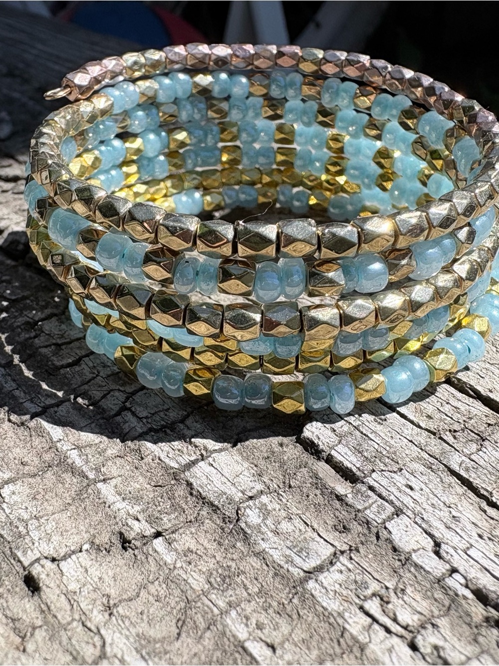 Multi-Strand Gold and Light Blue Beaded Coil Bracelet
